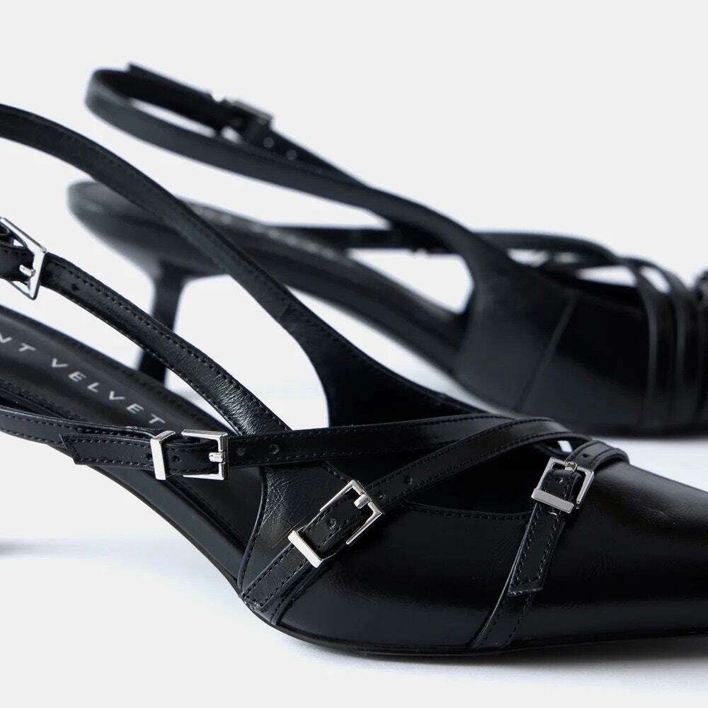 Black Pointed Slingback Heels with Straps - Picture 2 of 16